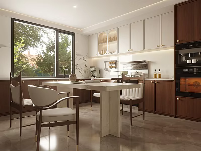 Modern Restaurant Interior With Marble Dining Table Chairs Large Window And White Wooden Cabinets 3d model