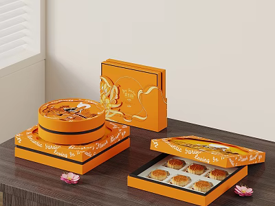 Decorative Orange Mooncake Gift Boxes With Open Box Showing Fresh Mooncakes And Flowers 3d model