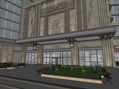 Elegant THE BANK Building Exterior with Glass Doors Decorative Columns Benches and Green Plants 3d model