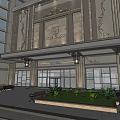 Elegant THE BANK Building Exterior with Glass Doors Decorative Columns Benches and Green Plants