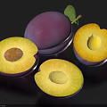 Fresh Ripe Purple Plums Whole and Sliced with Yellow Flesh and Seed