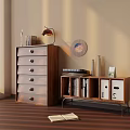 Wooden Chest of Drawers and Bookcase Cabinet with Table Lamp Books and Decorative Items
