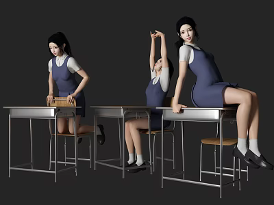 Young Women In Blue Dresses And White Shirts Near Classroom Desks Showing Different Poses 3d model