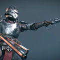 Shiny Silver Armored Game and Movie Character Wielding Spear in Battle Stance