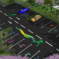 Eco Friendly Parking Lot with Cars Green Shrubs Colorful Ground Designs and Direction Arrows