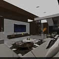 Modern Living And Dining Room Interior With Sofa Coffee Table Partition Artwork And Chandelier