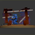 Blue Robot Warrior With Weapon On Orange Ground Near Red Broken Structures And Black Stones