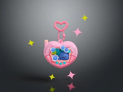 Pink Heart Shaped Laptop Keychain Charm With Blue Interior And Star Decorations 3d model