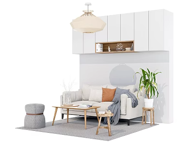 Light Colored Sofa Coffee Table Set With Throw Pillows Wooden Frame And Potted Plant 3d model