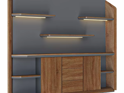 Modern Wooden Shelving Unit With Drawers And Lighted Shelves For Home Storage 3d model