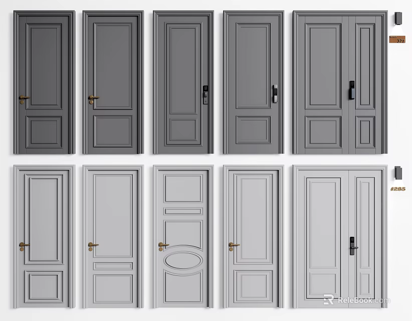 Various Style Hinged Doors With Gray White Colors Panel Designs Single And Double Leaf 3d model