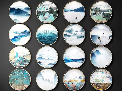 New Chinese Round Frame Painting Zen Ink Round Hanging Painting Combination 3d model