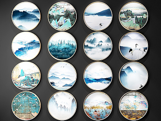 New Chinese Round Frame Painting Zen Ink Round Hanging Painting Combination 3d model