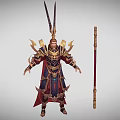 Game Movie Character In Ornate Golden Armor With Blue Red Robes And Long Staff Weapon