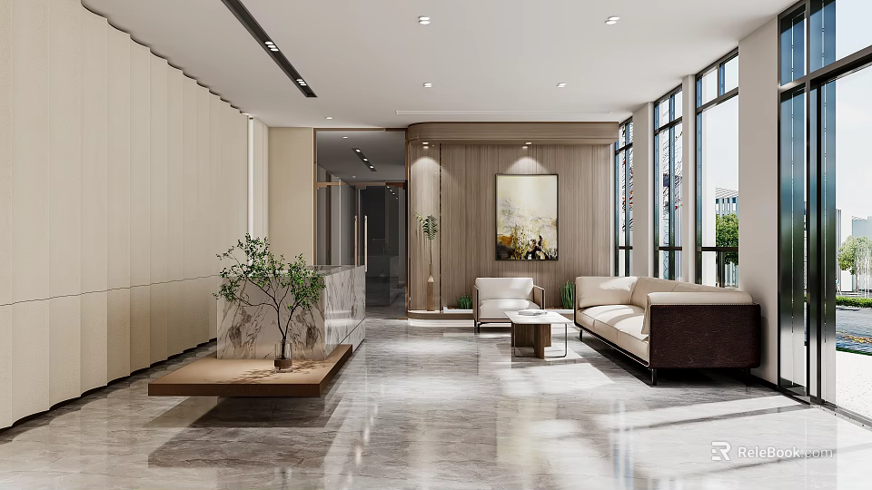 Modern Front Desk Reception Area With Spacious Design Sofa Plant And Floor To Ceiling Windows 3d model 