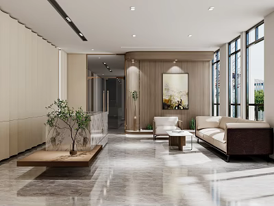 Modern Front Desk Reception Area With Spacious Design Sofa Plant And Floor To Ceiling Windows 3d model