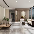 Modern Front Desk Reception Area With Spacious Design Sofa Plant And Floor To Ceiling Windows