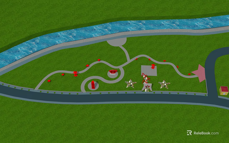 Green Park Layout With Winding Paths River Red Markers And White Structures 3d model