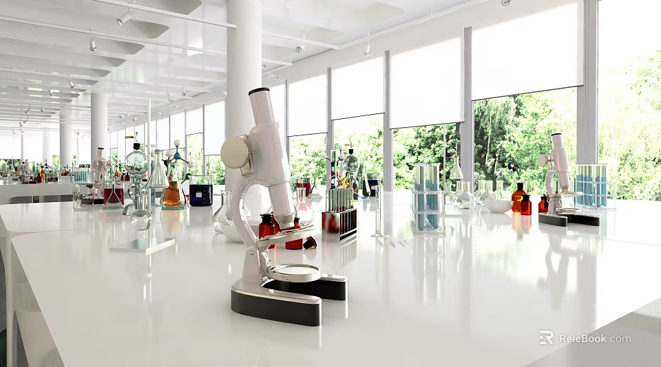 Spacious Bright Laboratory With Microscope Lab Equipment And Large Windows For Natural Light 3d model 