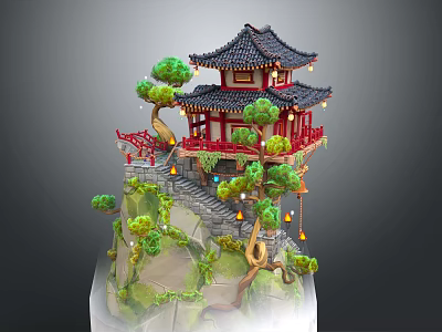 Traditional Chinese Pagoda Structure On A Hill With Curved Eaves Red Railings And Stone Stairs 3d model
