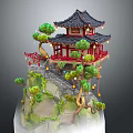 Traditional Chinese Pagoda Structure On A Hill With Curved Eaves Red Railings And Stone Stairs