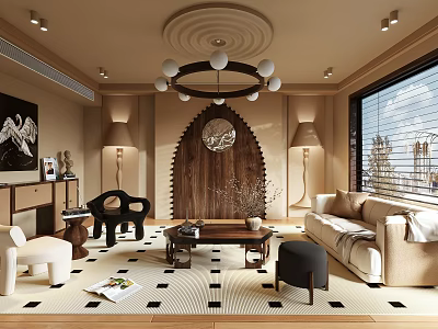 Modern Living Room Interior With Cream Sofa Black Armchair Checkerboard Rug And Circular Chandelier 3d model