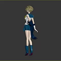 Anime Style Female Character With Short Blonde Hair Blue Skirt White Gloves And Blue Boots