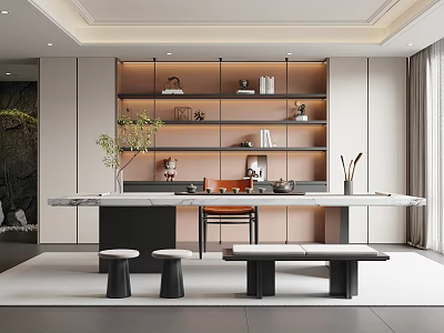 Serene Modern Tea Room Interior Design With Wooden Tea Table And Decorative Shelves 3d model