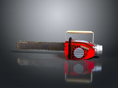 Red Chainsaw With Yellow Handle And Sharp Metal Chain On Black Surface 3d model