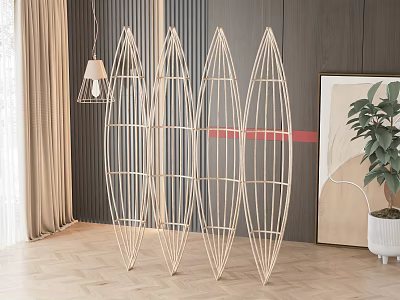 Wicker Room Dividers In Modern Interior With Lamp Art And Plant 3d model