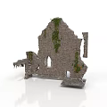 Ancient Stone Ruins Structure Overgrown With Moss And Arched Windows