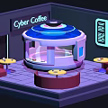 Cartoon Cyber Coffee Shop Interior With Circular Bar Counter Tables Chairs And Screens