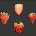 Fresh Ripe Strawberries With One Cut Half Floating On Dark Background
