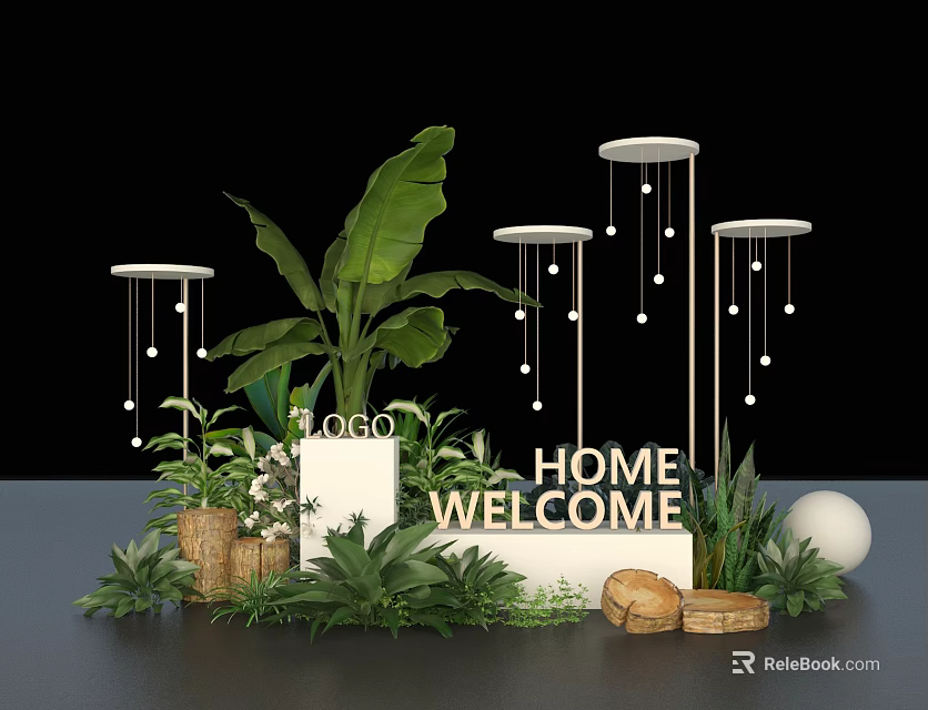 Home Welcome Decorative Setup With Green Plants Hanging Circular Decor And Stone Elements 3d model 