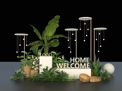 Home Welcome Decorative Setup With Green Plants Hanging Circular Decor And Stone Elements 3d model