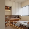 Modern Minimalist Tatami Bedroom Interior With Wooden Desk Built in Bookshelf And Window Blinds