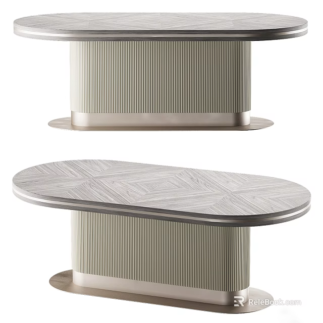Modern Elegant Dining Table With Oval Textured Top And Ribbed Metal Base Design 3d model 