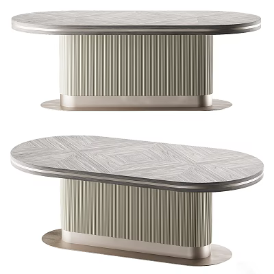 Modern Elegant Dining Table With Oval Textured Top And Ribbed Metal Base Design 3d model