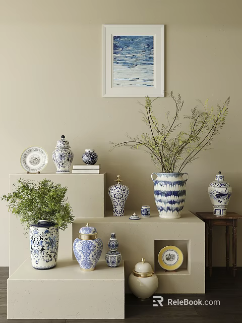 Blue and White Ceramic Vessels Jars Vases and Plates with Green Plants on Shelf 3d model 