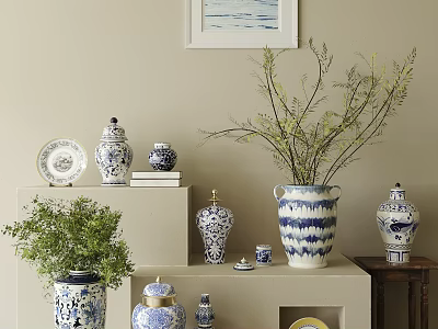 Blue and White Ceramic Vessels Jars Vases and Plates with Green Plants on Shelf 3d model