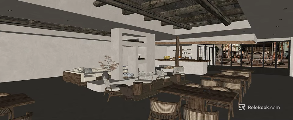 Rustic Restaurant Interior With Wooden Ceiling Sofa Area Dining Tables And Wicker Chairs 3d model 