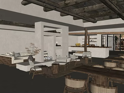 Rustic Restaurant Interior With Wooden Ceiling Sofa Area Dining Tables And Wicker Chairs 3d model