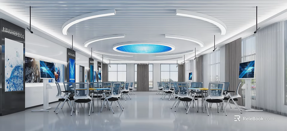 Spacious School Classroom Featuring Blue Circular Ceiling Lights White Desks And Windows 3d model 