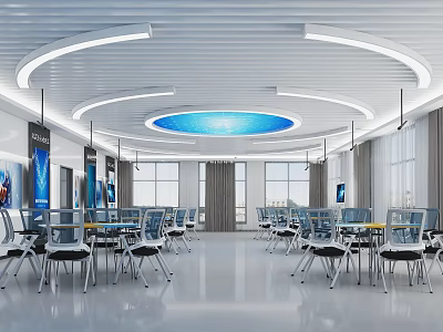Spacious School Classroom Featuring Blue Circular Ceiling Lights White Desks And Windows 3d model