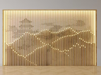 Modern Luxury Background Wall with Golden Vertical Lines and Traditional Landscape Painting Illuminated Lighting Decor 3d model