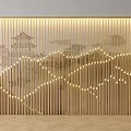 Modern Luxury Background Wall with Golden Vertical Lines and Traditional Landscape Painting Illuminated Lighting Decor