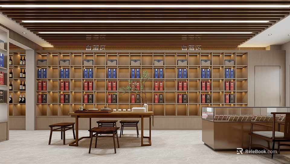 Interior Of Tobacco And Liquor Store With Liquor Shelves Tea Table And Display Cabinet 3d model 
