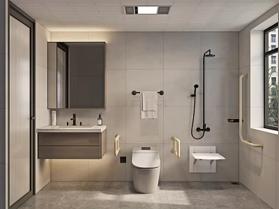 Modern Bathroom Interior With Vanity Sink Mirror Cabinet Toilet Shower Grab Bars And Tiled Walls 3d model