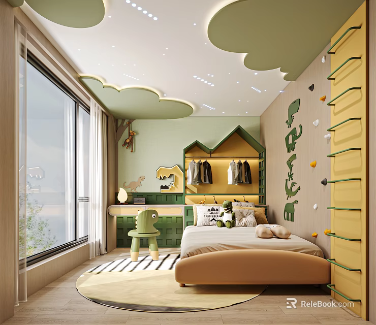 Kids Room Interior With Cloud Shaped Ceiling Star Lights Green Walls And Yellow Storage Shelves 3d model 