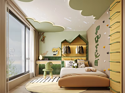 Kids Room Interior With Cloud Shaped Ceiling Star Lights Green Walls And Yellow Storage Shelves 3d model